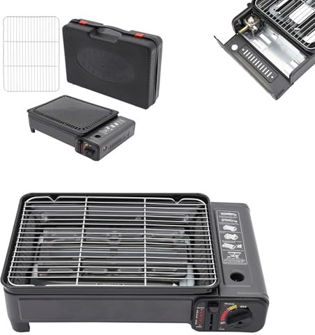 Fornello da campeggio 2 in 1 – Barbecue multifunzione portatile da 3 kW con accensione piezoelettrica e valvola di sicurezza, con set per barbecue + valigetta in alluminio (3,2 kg) per esterni