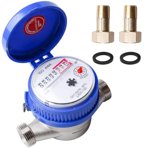 Wasserzähler Garten, 1/2 Zoll Geeicht Kalt Wasseruhr Haushalt Kaltwasserzähler mit Armaturen und Schutzabdeckung Zapfhahn Wasserzähler Set Zapfhahnzähler für Garten und Haushalt