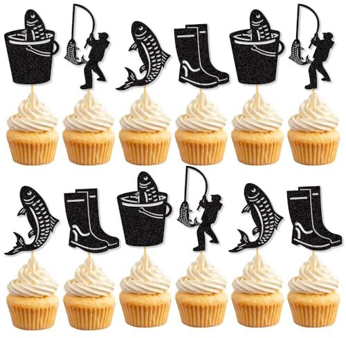 Fishing Cake Decorations Set, Fishing Theme Party Supplies Include Fish Happy Birthday Cake Cupcake Toppers for Boys Kids Men Fisherman Fishing Theme Party Supplies