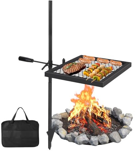 Swivel Campfire Grill, 42 x 32cm Stainless Steel Grate, Open Fire Grate Pit, Over Fire Camp Grill With Carrying Bag for Outdoor Camping Barbecue