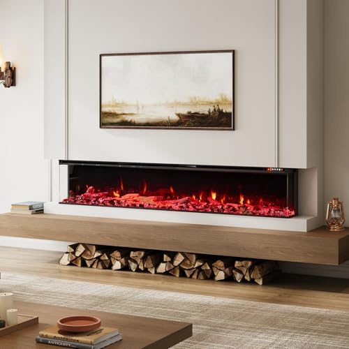 INMOZATA Electric Fire Recessed Freestanding 70''/180cm 3D Media Wall Fireplace with Child Lock and Overheat Protection, APP and Remote Control, 12 Flame Effect, 7 Bottom Lights and 7 Top Lights