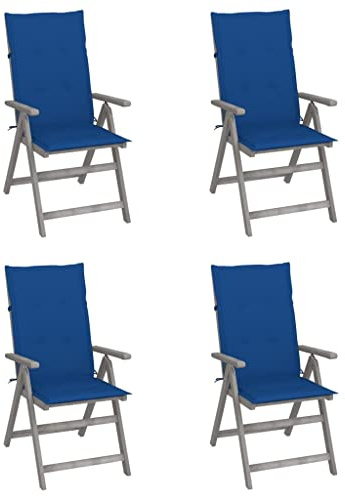 Runheo 4er-Set Hochlehner Verstellbar für Garten, Balkon, Terrasse, Akazien-Massivholz Grau, mit Königsblauen Auflagen, 5-Fach Verstellbar, Bequeme Outdoor Stühle