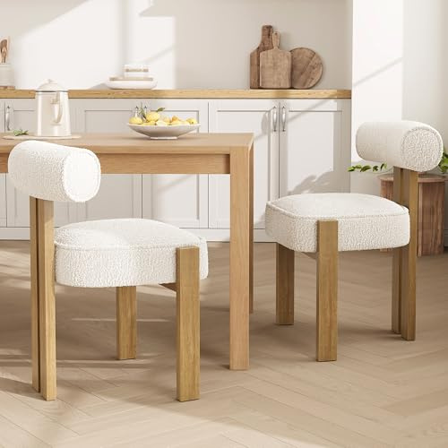 GarveeMore 2Er Set Bouclé Esszimmerstühle, Gepolsterte Küchen- Und Esszimmerstühle Mit Weichem Teddy-Stoffbezug, Holzbeine, Armlose Polsterstühle Für Esszimmer & Wohnzimmer