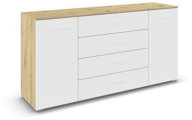 Rauch Möbel ADITIO, Kommode, Farbe Weiß/Eiche Artisan, Breite 160 cm | Sideboard im zeitlosen Stil, 2-türig, 4 Schubladen, Soft-Close-Funktion, für Schlafzimmer, Gästezimmer, Wohnzimmer, Garderobe