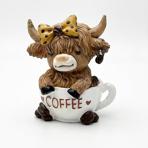 Copbopwn Highland Cow Ornaments Resin Highland Cow Figurine with Coffee Mug Scottish Calf Statue for Home Decor Farmhouse Kitchen Bathroom Shelf Decor Cute Highland Cow Gifts for Women Men