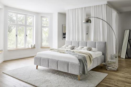 Meise Möbel Stauraumbett Alva 180x200 cm | Bettkasten & Lattenrost | Bouclé-Stoff Silver | Holzfuß eichefarbig