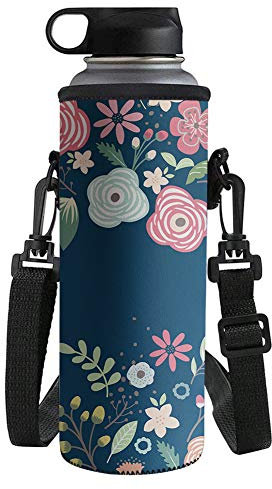 HUGS IDEA Shoulder Strap Water Bottle Carrier Flower Print Neoprene Insulated Bottle Bag Pouch