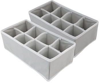 TRIXES Pack of 2 Storage Organisers, Perfect for Socks, Ties, Underwear and Jewellery, Fabric Wardrobe Inserts, Collapsible Space Saving Draw Compartment Dividers, Colour Grey
