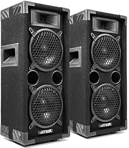 MAX26 PA Lautsprecher passiv, DJ Boxen Set, 1200 Watt Peak, Lautsprecher Boxen Set mit Griffe, 2 x 6 Zoll Doppel-Tieftöner, DJ Party Lautsprecher Paar, PA Boxen für Musikanlage - Schwarz