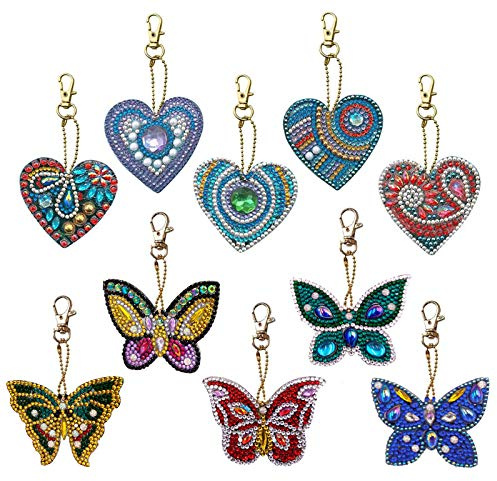 Lot de 10 porte-clés avec peinture diamant 5D à faire soi-même en forme de cœur et de papillons pour femmes, filles, enfants, loisirs créatifs, pendentifs pour clés, sacs, sac à main (B)