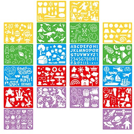 20 Piezas Plantillas de Pintura y Dibujo en Color para Niños Reutilizables, DIY Plástico Plantillas para Scrapbooking, Diario y Álbum de Bricolaje