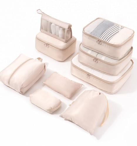 Meowoo 9-teilig Koffer Organizer Set, Packing Cubes, Packwürfel für Urlaub & Business, Reise Organizer mit Kleidertaschen, Kulturbeutel, Kabeltaschen, Ordnungssystem für Koffer (Beige)