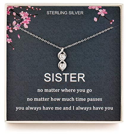 Sister Gifts from Sister, Sterling Silver Infinite Two Interlocking Infinity Double Hearts Necklace, Birthday Jewelry Gift Necklaces for Sisters, No Matter