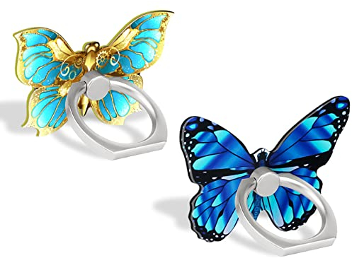 BF2JK Handy-Schmetterlings-Fingerring-Halterung, 360 Grad drehbar, Metallring-Griff für iPhone, Samsung, Galaxy, alle Smartphones, niedliches Zubehör (blau und dunkelblau)