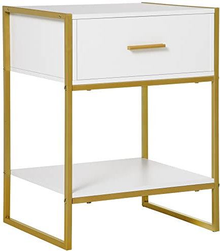 HOMCOM Bedside Table with Storage Drawer and Open Shelf, Modern Nightstand, Side Table with Metal Frame for Bedroom, Living Room, White
