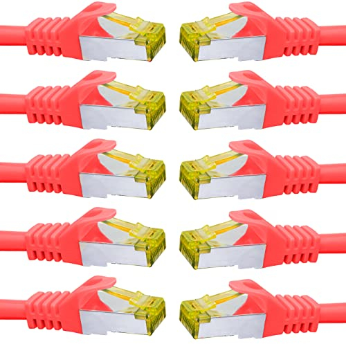 BIGtec LAN Kabel 10 Stück 2m Netzwerkkabel CAT7 Ethernet Internet Patchkabel CAT.7 rot Gigabit doppelt geschirmt Netzwerke Router Switch 2 x Stecker RJ45 kompatibel zu CAT.5 CAT.6 CAT.6a CAT.8