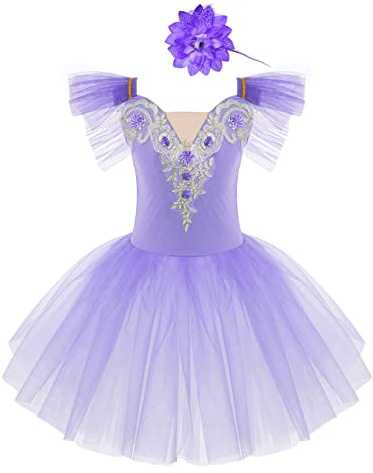 dPois Body da Ballo Balletto Bambina Ragazza Vestito da Pattinaggio Artistico + Copricapo Tutu di Principessa Abito da Ballo Latino Danza Classica Moderna Jazz Dancewear