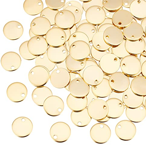 UNICRAFTALE 100 Stück 304 Edelstahl Charms 10mm Flache Runde Anhänger Stanzen Blanko Tag Für Halskette Ohrring Schmuckherstellung Goldener Anhänger Kleines Loch 1.5 mm