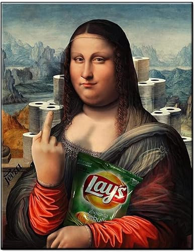 Lustige Mona Lisa Poster Drucken Graffiti Mona Lisa Mittelfinger Essen Kartoffelchips Leinwandbilder Nordic Vintage Wandbilder Pop Art Wohnzimmer Dekoration Kunstdrucke Ohne Rahmen,70x100cm