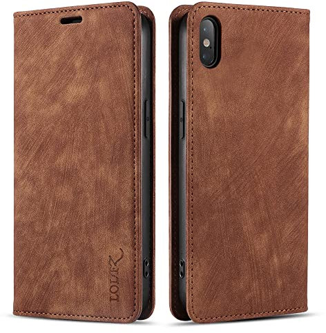 LOLFZ Wallet Case for iPhone X/iPhone XS, Premium Slim PU Leather Case Card Slots Stand Function Magnetic Protective Flip Case Cover Compatible with Apple iPhone X/XS - Brown