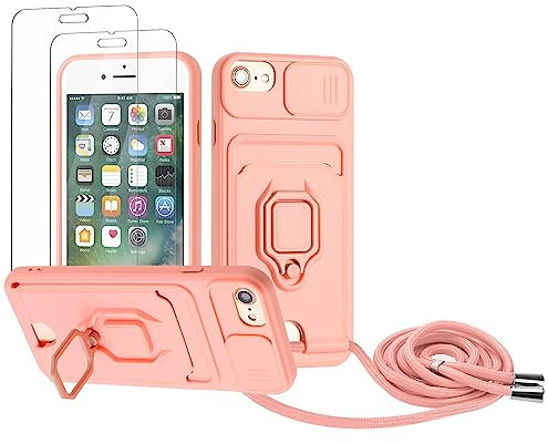 Zallagre Funda con Cuerda Compatible con iPhone 6/6S/7/8/SE 2020,[2 Packs Cristal Templado],Ranura para Tarjetas,Cubierta de Cámara Deslizante Proteger,360 Anillo Soporte-Rosa