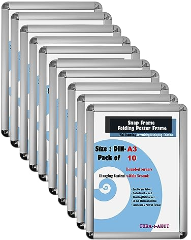 TUKA-i-AKUT 10er Aluminium Klapprahmen A3 | 25 mm Profil | Abgerundete Ecken | Schutzscheibe Befestigungsmaterial | Plakatrahmen Wechselrahmen Schnapprahmen Aufklappbar, Silber Farbe TKD8421-A3-10X