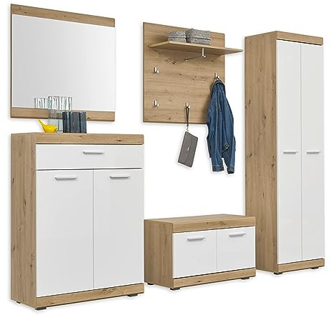 NOLA Flurgarderoben Set in Artisan Eiche Optik, Weiß Hochglanz - Modernes Garderobenset 5-teilig für Ihren Eingangsbereich - 255 x 195 x 38 cm (B/H/T)