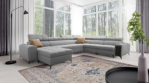 All4All Ecksofa mit Schlaffunktion Gonti VIII 359 x 276 cm - Schlafsofa mit Bettkasten - Sofa in U-Form - Wohnlandschaft XXL Sofa - Eckcouch Groß - Seite Links - Hellgrau - Gewebe - Modern 26
