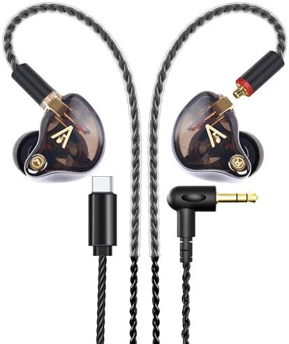 Audiovance Vibes 201C Wired Earbuds in-Ear Headphones, USB C to 3.5mm Adapter & Braided Cord, Noise Isolating Bass Driven USBC Earphones, Carry Case, Ear Buds Tips, 3.5mm Jack (Clear Brown, No Mic)