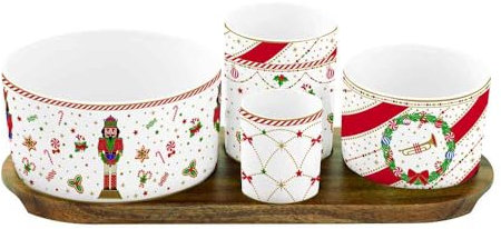 Easy Life Set aperitivo di natale in acacia 4 ciotole in porcellana con schiaccianoci vintage Nutcracker Twist