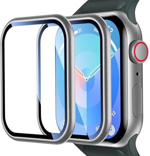 UniqueMe Displayschutzfolie für Apple Watch Serie 9/8/7, 41 mm, gehärtetes 9H, Metallrahmen, vollständige Abdeckung, kratzfest, blasenfrei, High-Touch, für iWatch 41 mm, 2 Stück, silberfarben