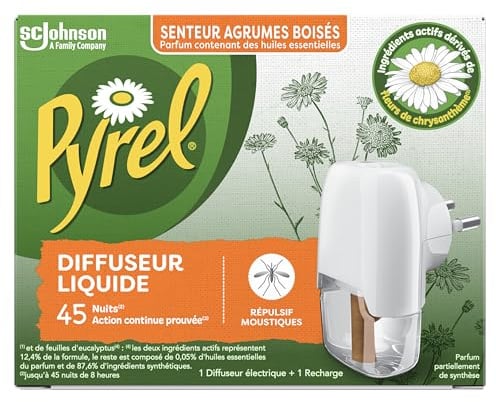 Pyrel Recharge Diffuseur Électrique Eucalyptus 45 Nuits 1 Recharge | Diffuseur électrique anti-moustiques, parfum agrumes boisés, 45 nuits d'efficacité, 1 diffuseur et 1 recharge de 32 ml