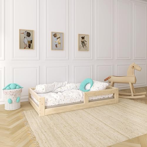 Need Sleep Montessori Bett Kinder Bodenbett 80x160 cm mit Rausfallschutz Lattenrost Kinderbett am Boden Niedrig Kids Floor Bed Bodentief aus Holz Mädchen Junge