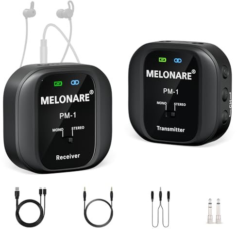 MELONARE PM-1 Wireless In-Ear Monitor System - UHF 500MHz, Low Latency, HD Audio, Beltpack Transmitter & Receiver, 10 Channels, Mono/Stereo Selection, IEM for Live Performance, Studio, Bands