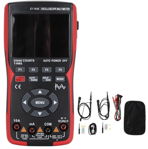 Multimetro Oscilloscopio Portatile Digitale 3 in 1 Generatore di Segnali Mini Oscilloscopio a 2 Canali, Larghezza di Banda 50 MHz, 25000 Conteggi, per Test e Analisi