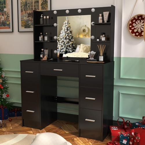 Dressing Table with Mirror and Lights, 7 Drawers and Storage Shelves, Vanity Desk with 3 Color LED Lights Brightness Adjustable, Black Makeup Desk for Bedroom