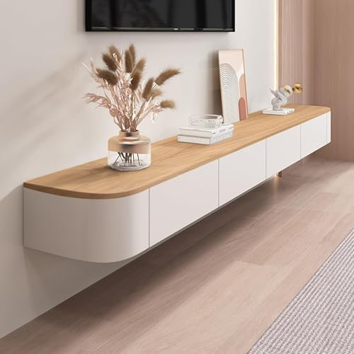 LIUJHGH Schwebender TV-Ständer, wandmontierte TV-Regale mit Türen, Medienkonsole, großer TV-Aufbewahrungsschrank, moderner Bauernhaus-TV-Ständer(Wood,300CM)