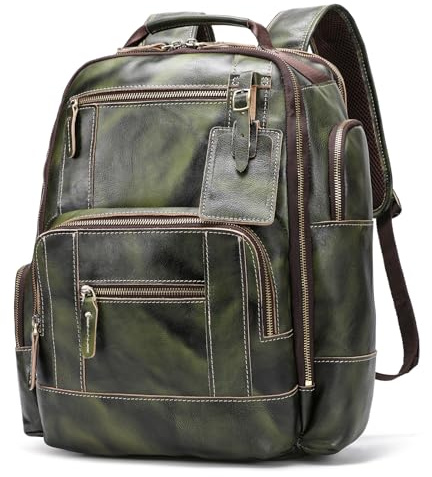 LANNSYNE Vintage Genuine Leather Backpack for Men, 15.6 Laptop Backpack Camping Travel 24L Rucksack