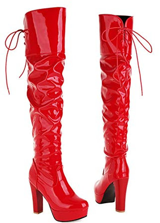 ENWIND Sexy su Stivali al Ginocchio per Le Donne Tacco Alto Stivali di Festa Stivali Alti alla Coscia in Laccio di Pelle Verniciata,Rosso,41 EU