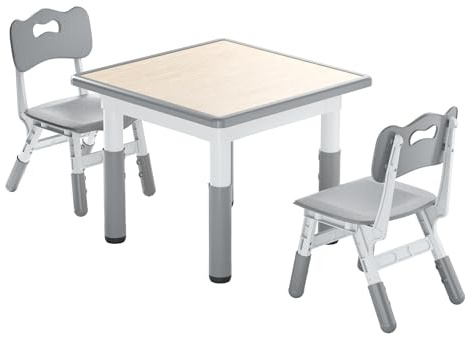 Froadp Kindertisch mit 2 Stühlen Kunststoff Kindersitzgruppe Höhenverstellbar Kinder Tisch Stuhl Set Kindermöbel Multifunktionale Sitzgruppe für Jungen und Mädchen im Alter von 2-10 Jahren, 60x60 cm