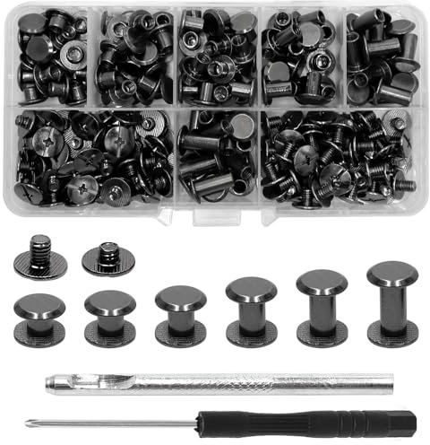 GOIYZTTR 110 Ensembles Vis Chicago, M5 Rivets à Vis à Tête Plate 4/5/6/8/10/12mm Gris Pistolet Vis de Reliure pour la Décoration en Cuir Diy
