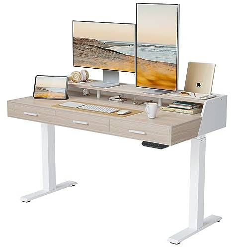 XFZJCHAP Bureau Debout électrique 120 x 60 cm avec tiroirs, Bureau en Verre à Hauteur réglable, Installation Rapide, Bureau Assis-Debout réglable, Blanc