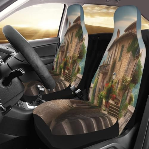 FJWSLCH Italien Toskanische Autositzbezüge Vordersitze Auto Sitzbezüge 2er Set, Wasserdicht Autositzkissen Autositzschoner Universal Autositzbezug für PKW LKW und SUV