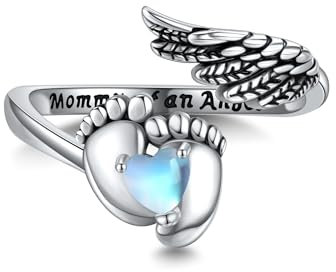 Fehlgeburts Ring 925 Sterling Silber Engelsflügel Mondstein Verstellbarer Löffel Offener Daumen Ring Gedenkring für Schwangerschaftsverlust Fehlgeburt Schmuck Geschenke für Damen Frauen Mädchen Mama