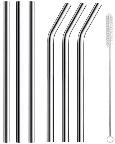 Ogetok 6 Pack of Reusable Stainless Steel Straws, 3 Straight + 3 Bent 31.5 cm Metal Straws with Cleaning Brush, Diameter 8 cm Long Drinking Straws for Cocktail, Drink, Dishwasher Safe, Silver
