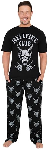 Stranger Things Pyjama Herren Schlafanzug Set, Atmungsaktiv, 100% Baumwolle Hausanzug, Hellfire Club Geschenk für Männer (XL, Schwarz)