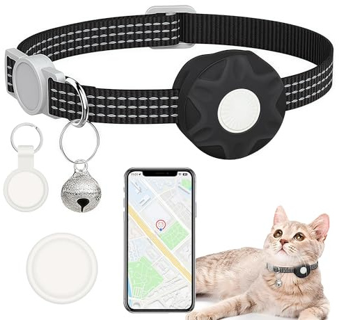 GRETMIX Katzen-Tracker-Halsband, Echtzeit-Tracking-Gerät für Katzen, Lange Akkulaufzeit, funktioniert mit iOS & Android SmartTag App, mit reflektierendem Muster & Glocke, keine monatliche Gebühr