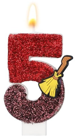 Vela de Cumpleaños con Temática Mago Mágico, Vela Número Brillante Temática de Escoba Mágica con Lentejuelas Adorno para Tarta para Suministros Decoración Fiesta Cumpleaños Niños (Número 5)