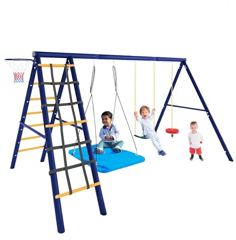 Emmtore Schaukel Outdoor mit Gestell, Schaukelgestell Outdoor mit 3 Schaukeln, Gartenschaukel Kinder mit Klettergerüst und Basketballkorb, Schaukelgerüst, Antique Blue