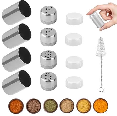 Lot de 4 mini salières avec brosse de nettoyage - 5 ml - Petite salière - Poivrière - Salière à sucre - Avec trous en forme de P et en forme de S - Pour restaurants, camping, barbecue en plein air